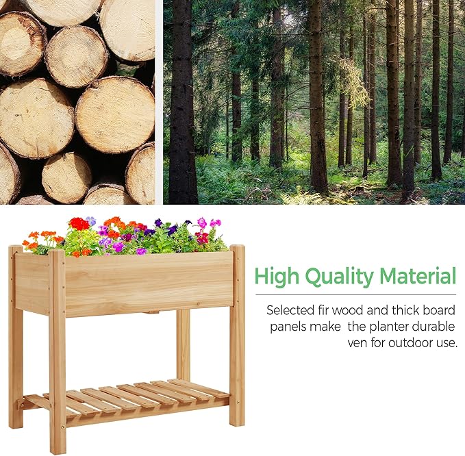 Yaheetech 34x18x30in Horticulture Raised Garden Bed 2pcs Planter Box with Legs & Storage Shelf Wooden Elevated Vegetable Growing Bed for Flowers, Backyard, Patio, Balcony, Light Brown