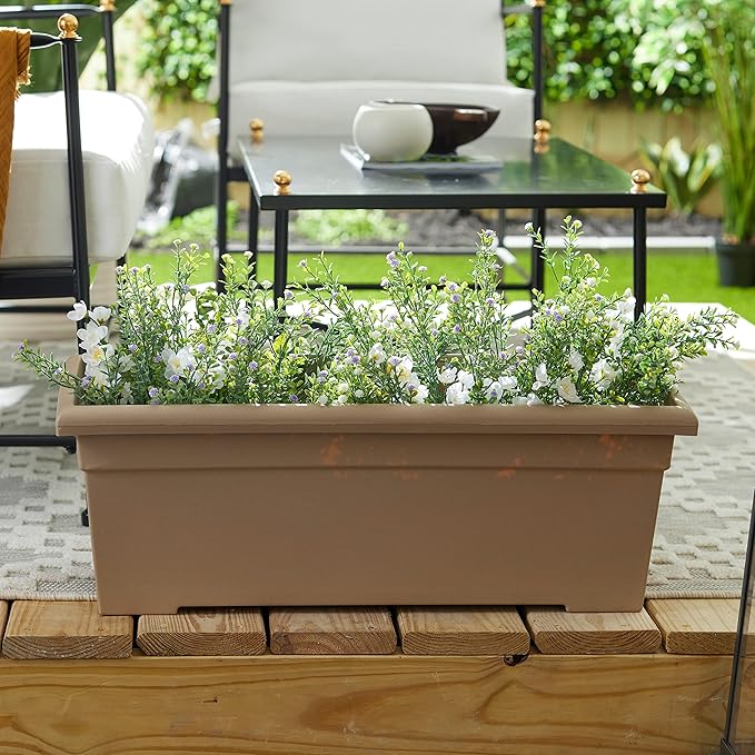 The HC Companies 28 Inch Romana Planter Box with Drainage Plug, Lightweight UV-Resistant Plastic Outdoor Planters, 1-Pack Flower Box for Garden, Patio, Balcony, and Fence, Sandstone
