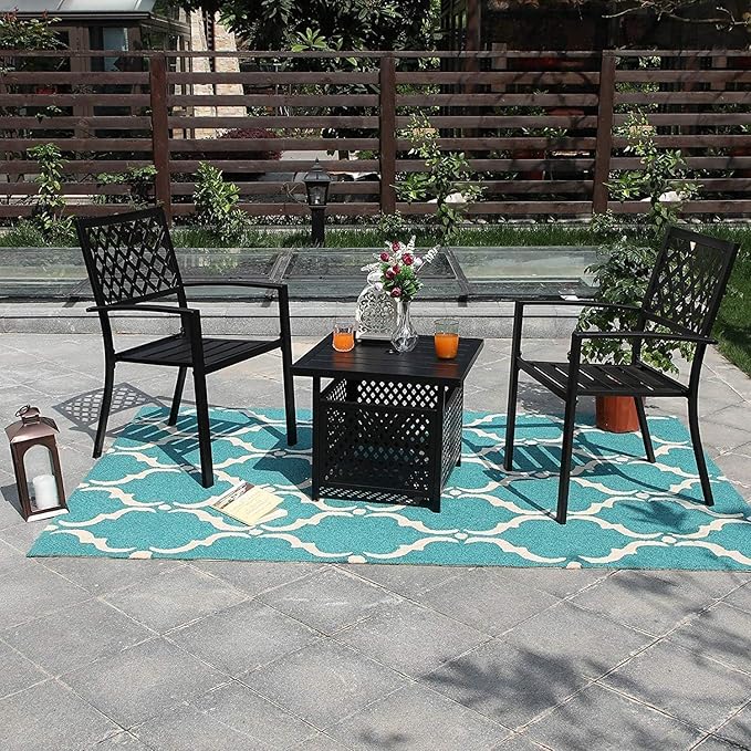 PHI VILLA Outdoor Patio Side Table Set of 2, 22" Small Black Metal Square End Table with Umbrella Hole, Outside Coffee Bistro Table for Porch, Deck, Balcony, Indoor