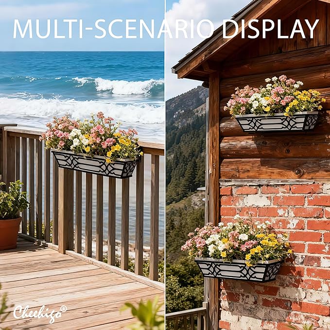 4 Pack 24 Inch Railing Boxes Planter for Outdoor Plants Adjustable Brackets for Porch Fence and Balcony Window Planter Box with Non-Woven Fabric Liner for Hanging Flower Baskets