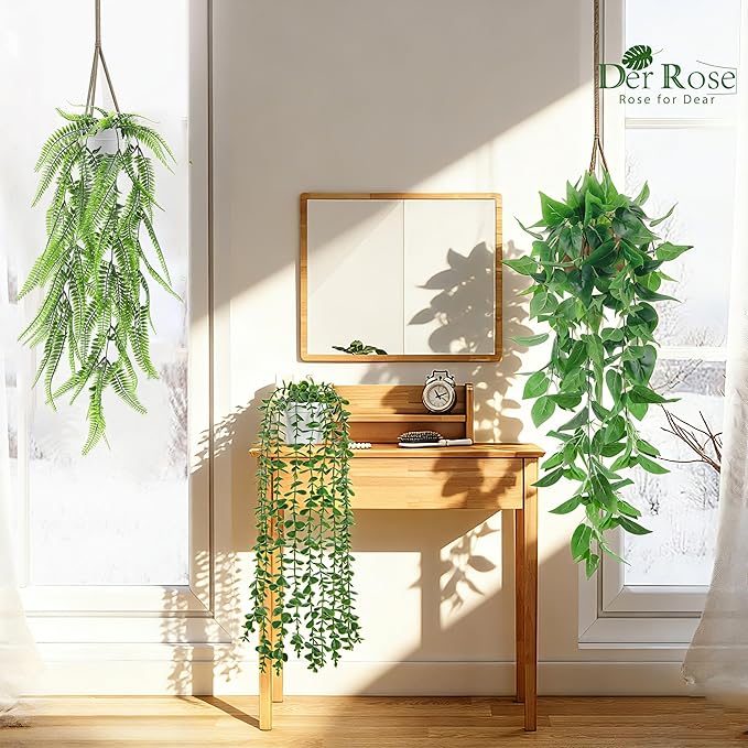 Der Rose 4Pcs Fake Plants Hanging Artificial Ivy Vine Faux Eucalyptus Hanging Plants, Boston Fern, String of Pearls for Living Room Bedroom Boho Wall Shelf Indoor Outdoor Decor (White Pots)
