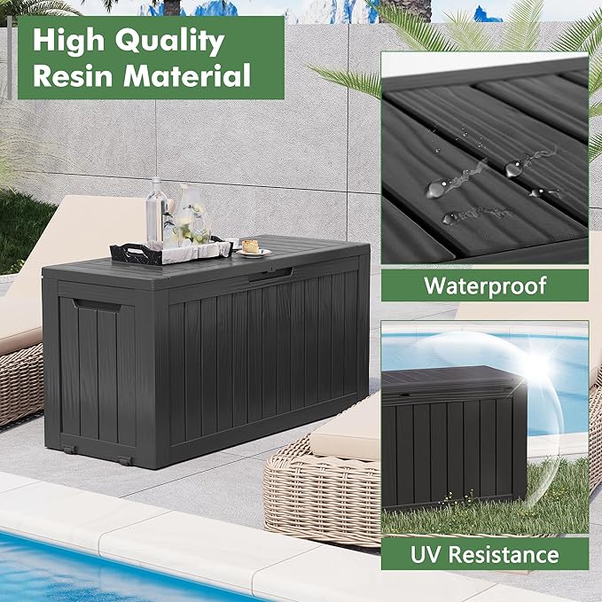 Outdoor Storage Box, Resin Deck Boxes Indoor and outdoor, Waterproof Storage Box Lockable Lid (Black, 85 Gallon)