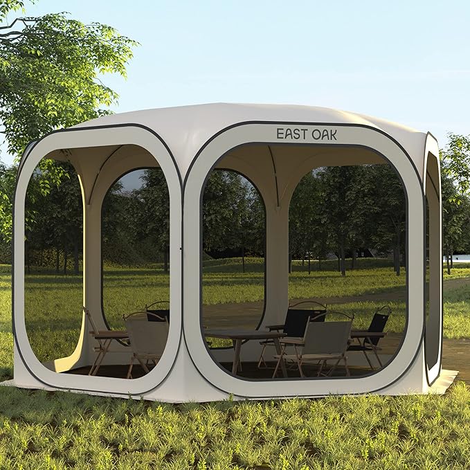 East Oak Screen House Tent Pop-Up, Portable Screen Room Canopy Instant Screen Tent 12 x 12 FT with Carry Bag for Patio, Backyard, Deck & Outdoor Activities, Beige