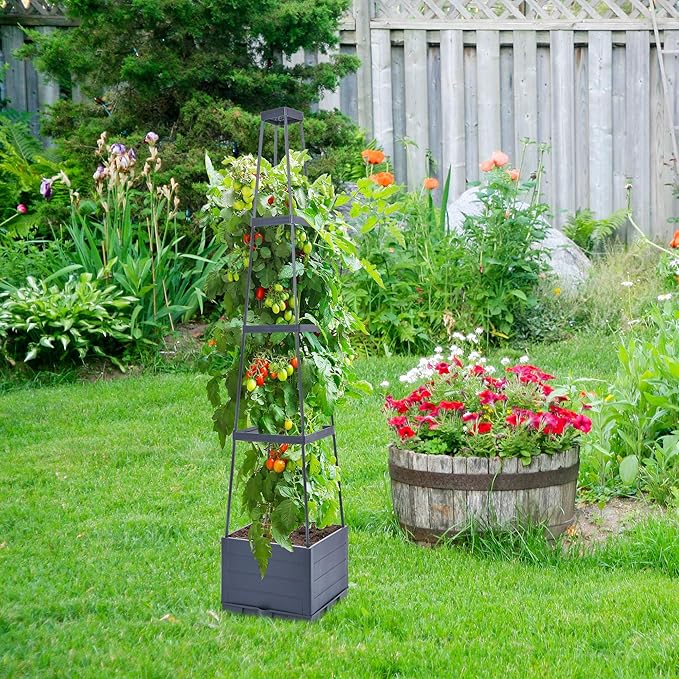 GENMOUS 4 Tiered Tomato Planter with Box Trellis, 56'' Raised Garden Bed Planter Boxes, Tomato Cages for Garden Patio Climbing Plants Vegetable Vine Flowers Outdoor & Indoor