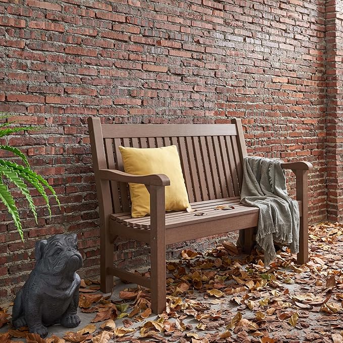Psilvam Garden Bench, 2-Person Poly Lumber Patio Bench, All-Weather Outdoor Bench That Never Rot and Fade, Suit for Garden, Porch and Park (Brown)