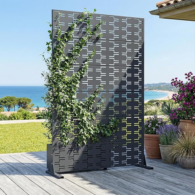 Casaphoria Metal Privacy Screen Outdoor, 72" H x 47" W Freestanding Decorative Privacy Screen for Patio Deck Balcony Garden with Stable Base, Drakgrey-Brick