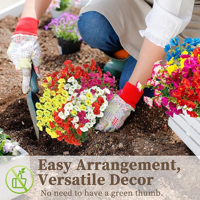 16PCS Artificial Fake Flowers for Outdoors/Indoors, Faux Silk Colorful Morning Glory with Eucalyptus, UV Resistant Realistic Floral Arrangement for Garden Porch Window Box Home Balcony Yard (8 Colors)