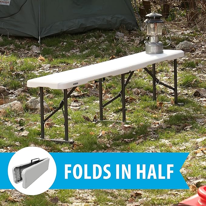 LIFETIME Portable Folding Bench, 6‑Foot Fold‑in‑Half, UV‑Resistant Seat, Powder‑Coated Steel Frame, Lightweight, Stain‑Resistant, Non‑Marring Foot Caps, Indoor/Outdoor Portable Seating