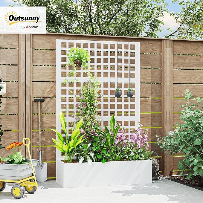 Outsunny Galvanized Raised Garden Bed with Trellis, Metal Planter Box with Drainage Holes, Outdoor Privacy Screen for Climbing Plants, Vegetable, Vines, 43" x 16" x 70", White