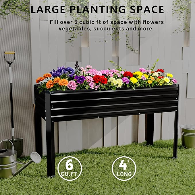 Vengarus Galvanized Raised Garden Bed Outdoor with Legs,48×18×30in Metal Elevated Raised Planter Box for Backyard, Patio, Balcony, 300lb Capacity,Black(2PCS)