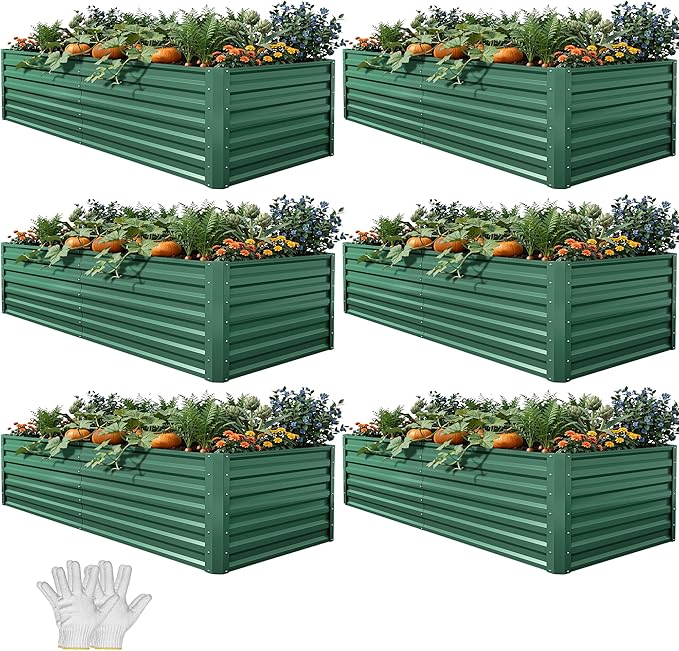 YITAHOME 6pcs 6x3x2 ft Galvanized Raised Garden Bed Kit, Large Metal Planter Box with Gloves & Support Rod, Outdoor Flower Bed for Plants Vegetables, Green