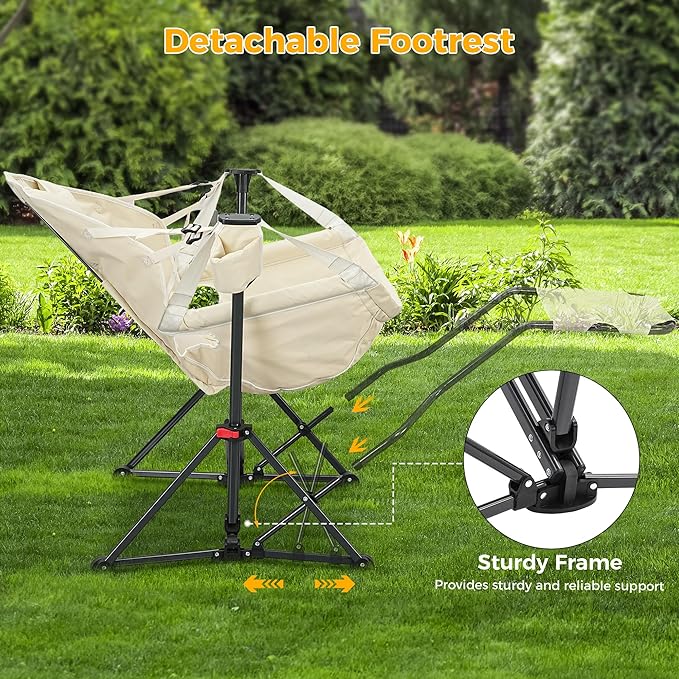Ainfox Hammock Camping Chair with Footrest, Foldable Portable Rocking Chairs for Adults Outside Swinging Camp with Cup Holder Pillow for Outdoor Patio Poolside (Beige)