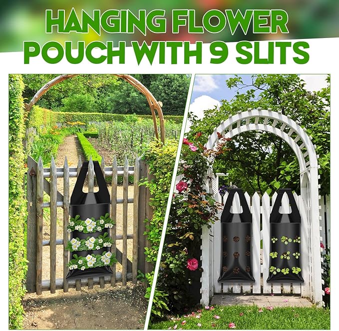 10 Pcs Hanging Flower Pot Bag with 9 Slits Hanging Grow Bags Flower Planting Bag Handle Grow Pouch Planter for Outdoor, Wall, Garden, Plant, Tomato, Strawberry