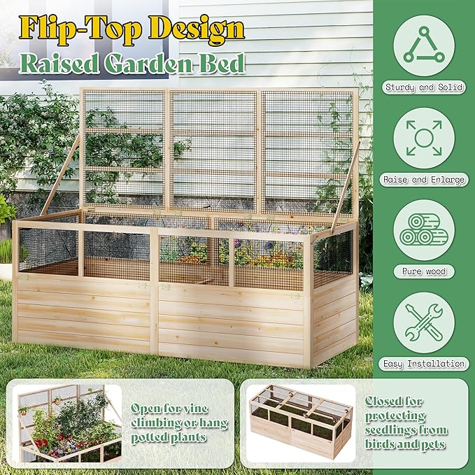 AMERLIFE Raised Garden Bed with Hinged Fencing and Trellis, 18 Inch Deepened Wood Planter Box, 2 PCS Flip-up Front Panel, Easy Assembly, Ideal for Seed Starting and Growing Vegetables & Fruits