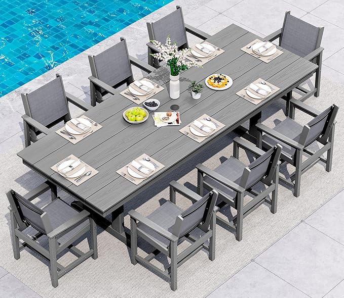 SERWALL 9 Piece Outdoor Dining Set, 84" HDPE Outdoor Large Table and Texilene Chairs for 8，All Weather Patio Dining Furniture Set with Umbrella Hole for Backyard, Garden, Gray
