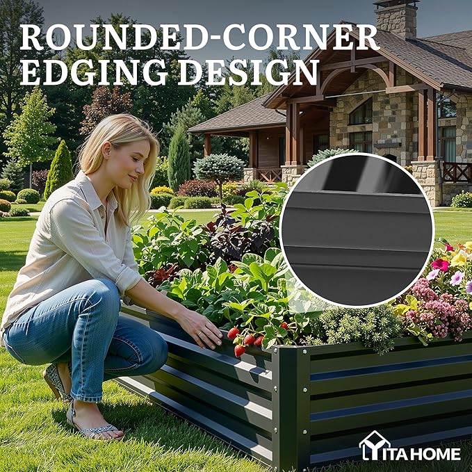 YITAHOME 6x3x1ft 2pcs Large Raised Garden Bed Kit, Galvanized Metal Planter Box with Gloves, Ground Nails, Support Rod, Outdoor Above Ground Planters for Plants Vegetables Flowers, Black