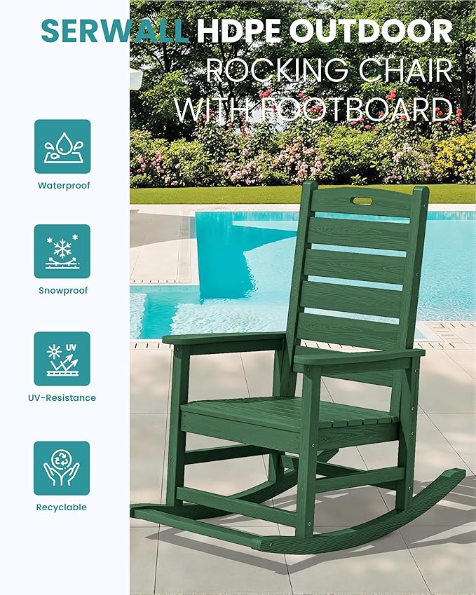 SERWALL Outdoor Rocking Chair Set of 2, Oversized Rocking Chair with Footboard for Adults, HDPE All Weather Resistant Rocking Chairs for Patio, 350lbs Weight Capacity,Green