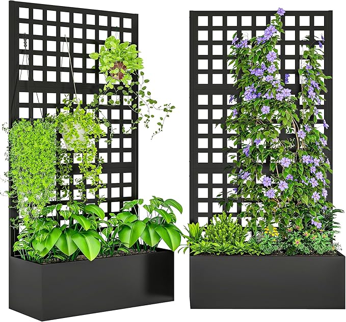 Outsunny Galvanized Raised Garden Bed with Trellis, Metal Planter Box with Drainage Holes, Outdoor Privacy Screen for Climbing Plants, Vegetable, Vines, 35" x 16" x 70", 2 Pack, Black