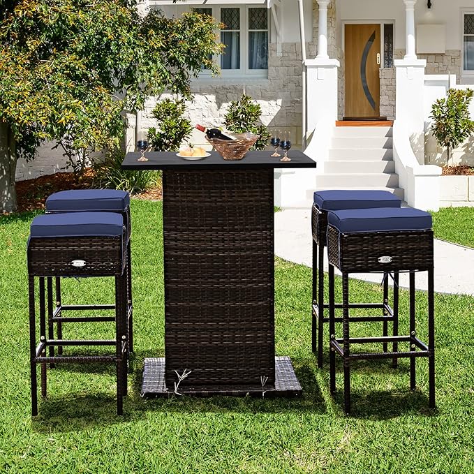Tangkula 5 Piece Outdoor Rattan Bar Set, Patio Bar Furniture with 4 Cushions Stools and Smooth Top Table with Hidden Storage Shelf, Outdoor Conversation Set for Poolside, Backyard, Lawn (Navy Blue)