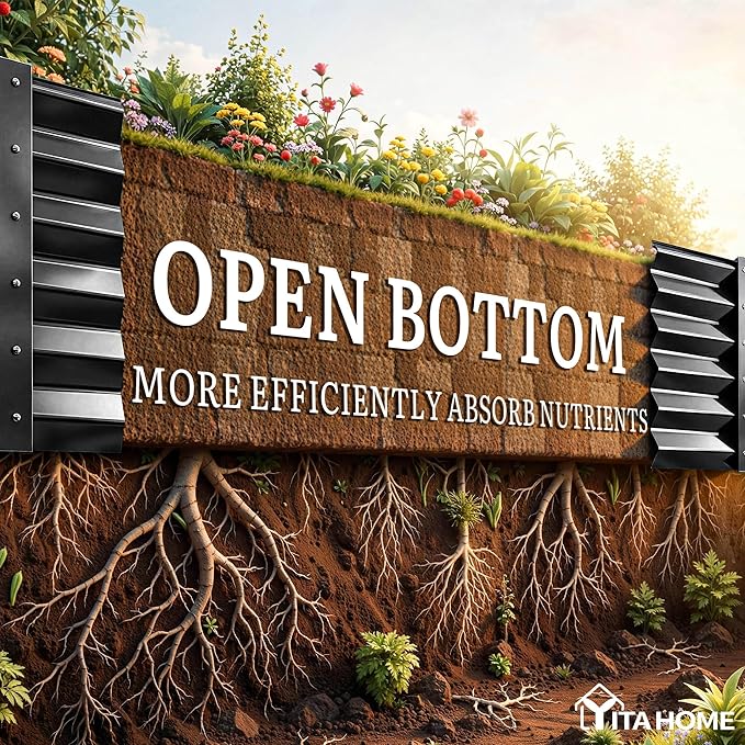 YITAHOME 8x4x1.5ft Large Raised Garden Bed Kit, Galvanized Metal Planter Box with Gloves, Ground Nails & Safety Rubber, Outdoor Above Ground Planters for Plants Vegetables Flowers, Black