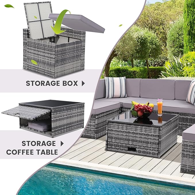 8-Piece Patio Furniture Set, Outdoor Wicker Rattan Sectional with Thick Cushions, Glass Top Table with Hidden Storage, Outdoor Conversation Set for Backyard, Porch, Patio, Light Grey