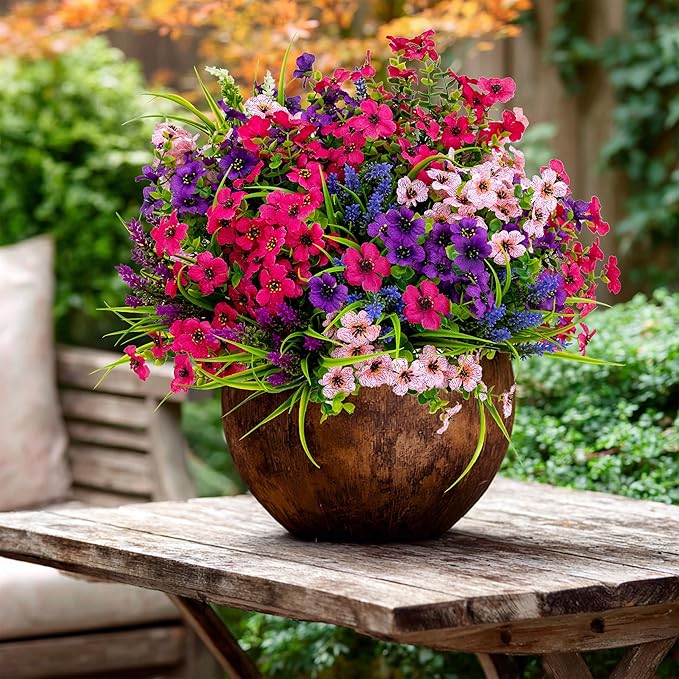 Artificial Flowers for Outdoors Fake Plants - 16 Bundles Faux Outside Greenery Boxwood No Fade Plastic Shrubs Fall Decor Farmhouse Home Garden Thanksgiving Mums (Mix White Purple Pink)
