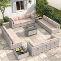 12-Seat Modern Outdoor Wicker Rattan Patio Furniture Set with 55,000 BTU Fire Pit Table, Thick 4″ Cushions, All-Weather Dual-Strand Rattan, Rust-Resistant Steel Frame,Beige