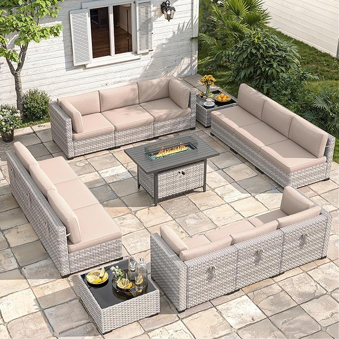 12-Seat Modern Outdoor Wicker Rattan Patio Furniture Set with 55,000 BTU Fire Pit Table, Thick 4″ Cushions, All-Weather Dual-Strand Rattan, Rust-Resistant Steel Frame,Beige