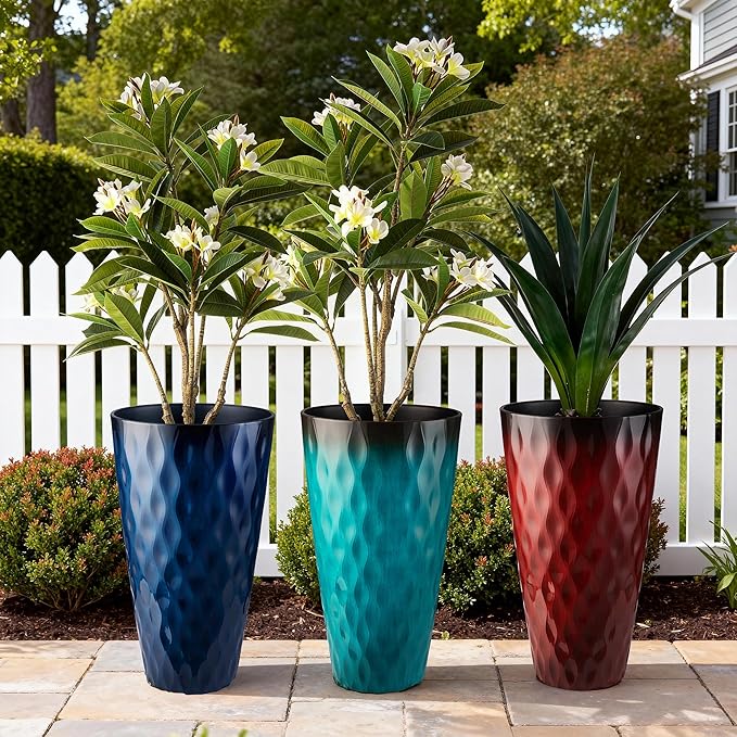 Glitzhome 23.75" H Tall Outdoor Planter, Set of 2 Wavy Texture Cobalt Blue Large Outdoor Planters, with Drainage Hole, Plastic Large Round Decorative Flower Plant Pot for Front Porch, Indoor