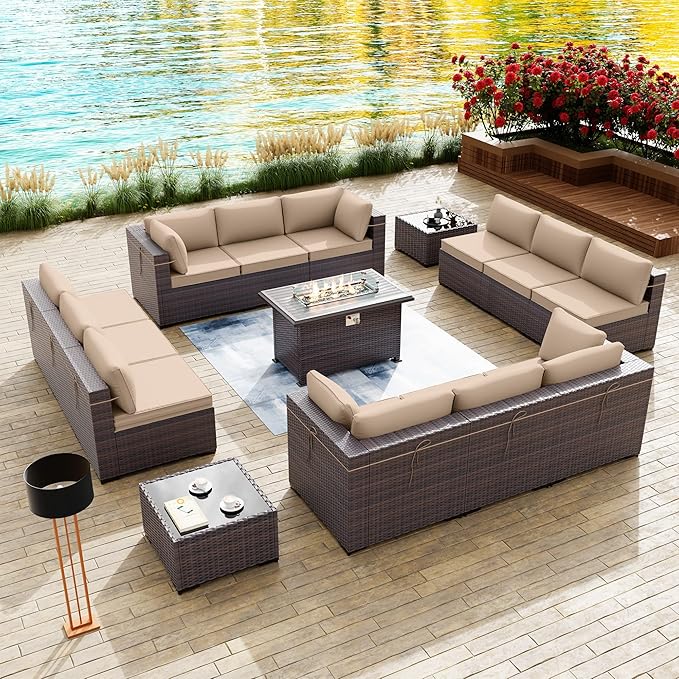 Kullavik 15 Pieces Outdoor Patio Furniture Set with 43" 55000BTU Gas Propane Fire Pit Table PE Wicker Rattan Sectional Sofa Patio Conversation Sets,Sand