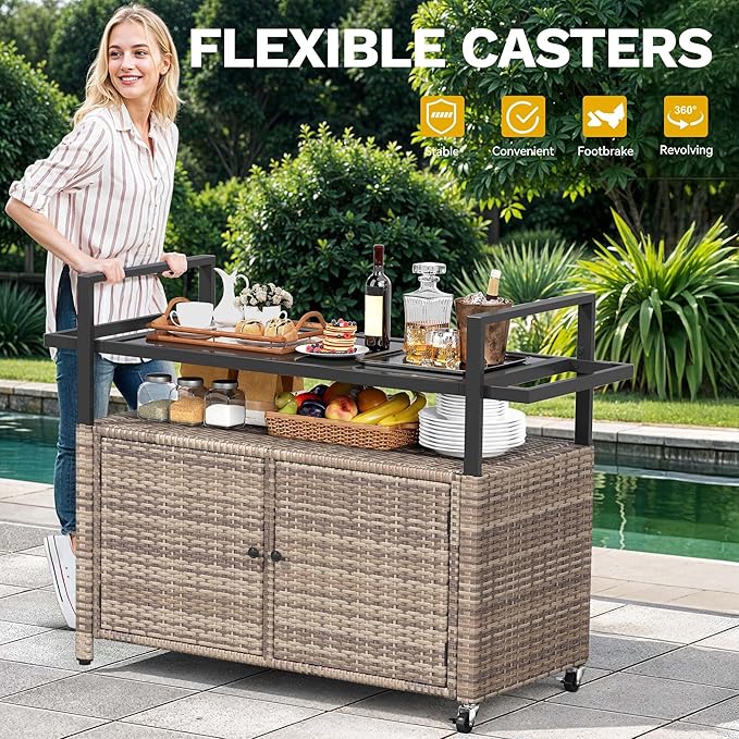 DWVO XL Outdoor Storage Cabinet,Patio Storage Table with Glass Top, Bar Table with Wheels,Outdoor Bar Cart for Patio, Poolside and Backyard,Light Brown