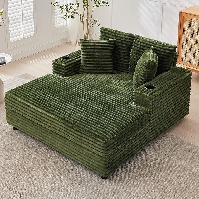 GarveeHome Oversized Chaise Lounge Chair Indoor, 56x60 in Comfortable Corduroy Lounge Sofa with Charging Ports & Cup Holders, Cozy Reading Couch for Bedroom Living Room Apartment, Green
