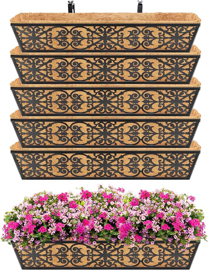 6 Pack 30 Inch Window Boxes Planters Railing Planter Box with Adjustable Brackets & Coco Liners Fabric Plant Grow Bags Deck Railing Planter Boxes Balcony Hanging Flower Box for Outdoor Plants
