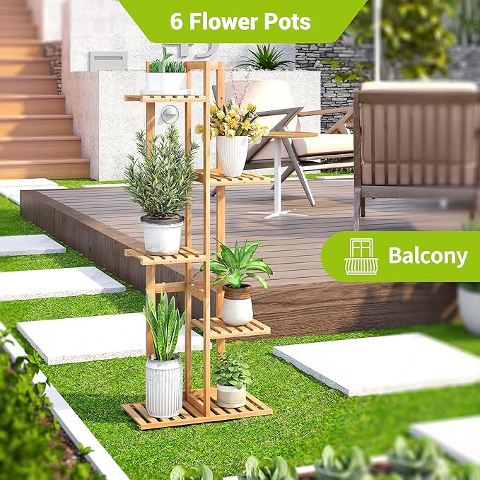 BMOSU Bamboo Plant Stand for Indoor Outdoor Plants Corner Tall Plant Shelf 6 Potted Holder Shelf Plant Rack Holder Display Rack(Natural)