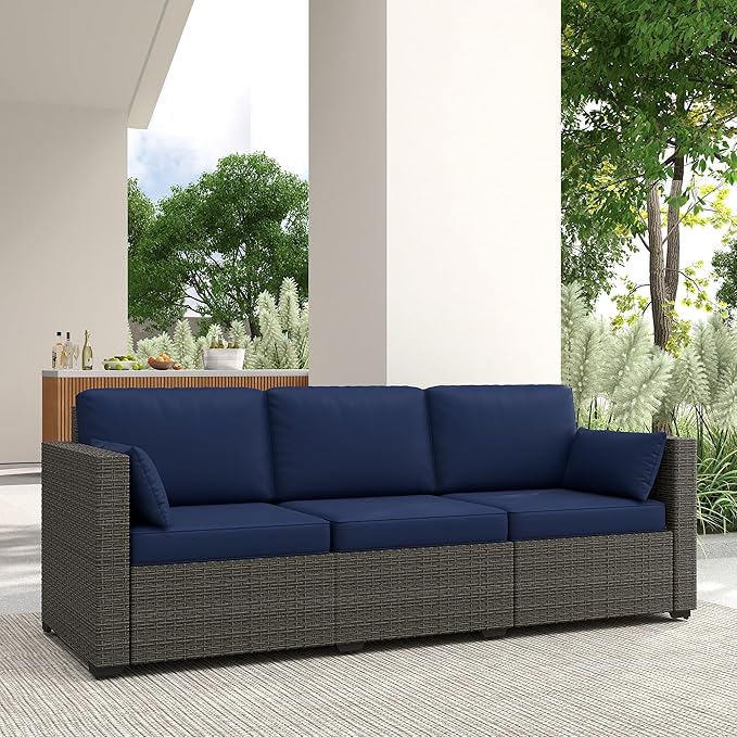Outsunny Patio Couch PE Wicker Deep Seating Outdoor Sofa with Removable Cushions, 3 Seater Rattan Sofa, Outdoor Furniture for Balcony, Deck, Garden and Poolside, Navy Blue