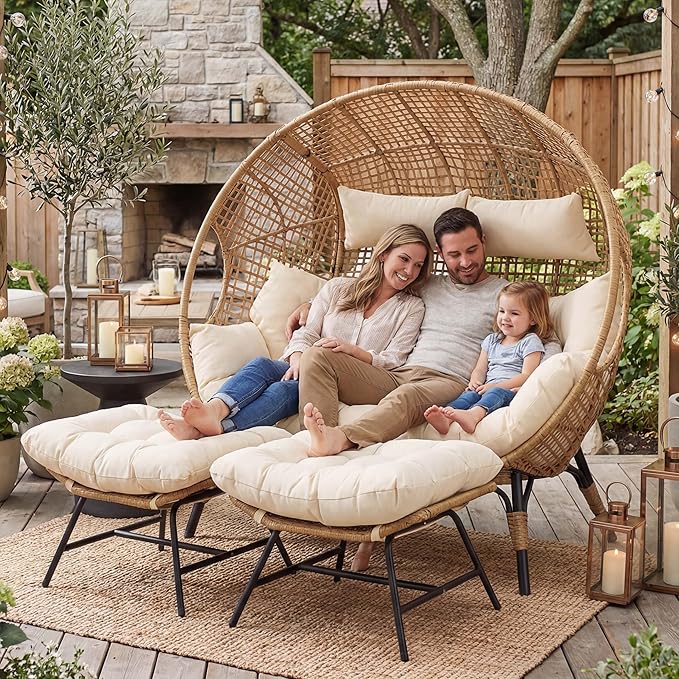NICESOUL Modern Double Egg Chair with Footrest & Padded Cushions, 2 Person Wide Wicker Lounge Chair with Deep Seating, 57.1" Extra Large Stationary Loveseat Cozy Cream Chairs for Inside Outside