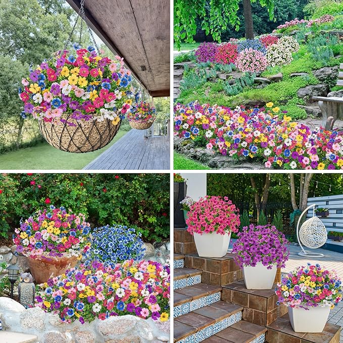 Bassion Artificial Flowers for Outdoors, 24 Bundles UV Resistant Fake Flowers Realistic Silk Faux Plants for Outdoor Planter Window Box Porch Patio Garden Home Outside Decorations