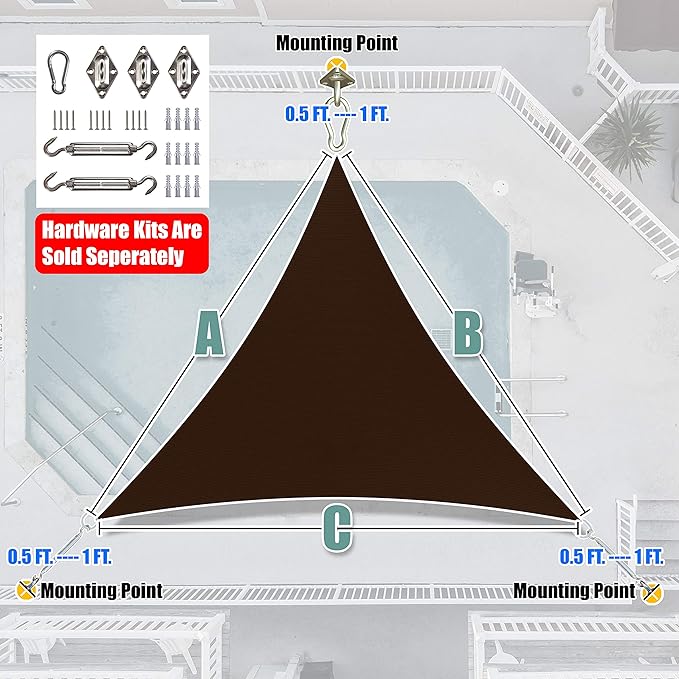 Amgo 24' x 24' x 24' Brown Triangle Sun Shade Sail UPF50+ Canopy Awning AGSLT, 95% UV Blockage, Water & Air Permeable, 200GSM Heavy Duty Commercial and Residential (We Make Custom Sizes)