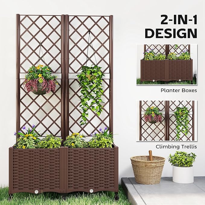 Outsunny Planter Box with Trellis, Self Watering Raised Garden Bed with Lockable Wheels, 56.3" Trellis Privacy Planter with Drainage Holes for Climbing Plants, Vines, Vegetables, Flowers, Brown