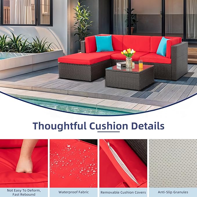 Vongrasig 5 Pieces Small Patio Furniture Sets, All-Weather Outdoor Sectional Patio Sofa Wicker Rattan Patio Seating Sofas with Cushion and Glass Table (Red)