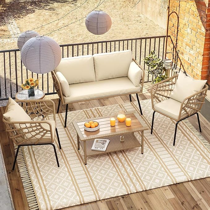 DWVO 2-Piece Patio Set, Wicker Loveseat with Plush Cushions & Rattan Side Table, All-Weather Outdoor Conversation Furniture for Balcony, Deck, Backyard, Poolside