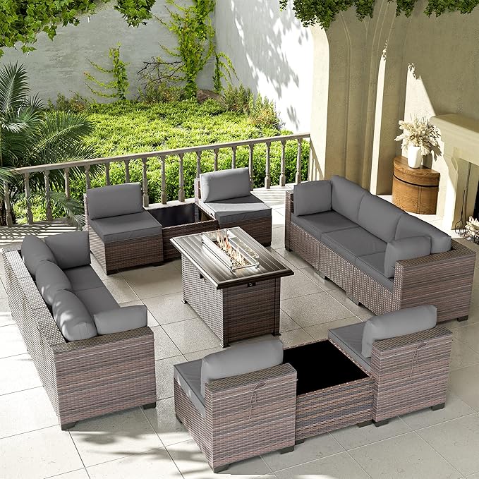Kullavik 13 Pieces Outdoor Patio Furniture Set with 43" 55000BTU Gas Propane Fire Pit Table PE Wicker Rattan Sectional Sofa Patio Conversation Sets,Grey