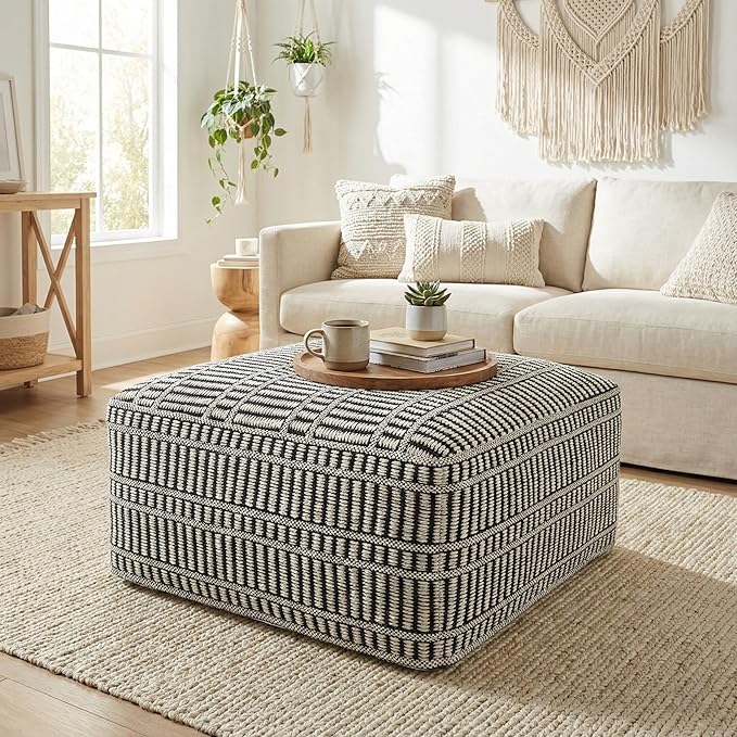 SIMPLIHOME Safford Square Pouf - 20 inch Wide Upholstered PET Polyester Ottoman in Cream White and Deep Black, Boho Indoor/Outdoor Footstool or Extra Seating for Living Room or Patio, Assembled