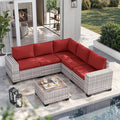 6-Piece Outdoor Patio Furniture Set Wicker Sectional Sofa Set, Patio Conversation Set with Thickened Cushions & Coffee Table for Garden, Backyard, Poolside, Red