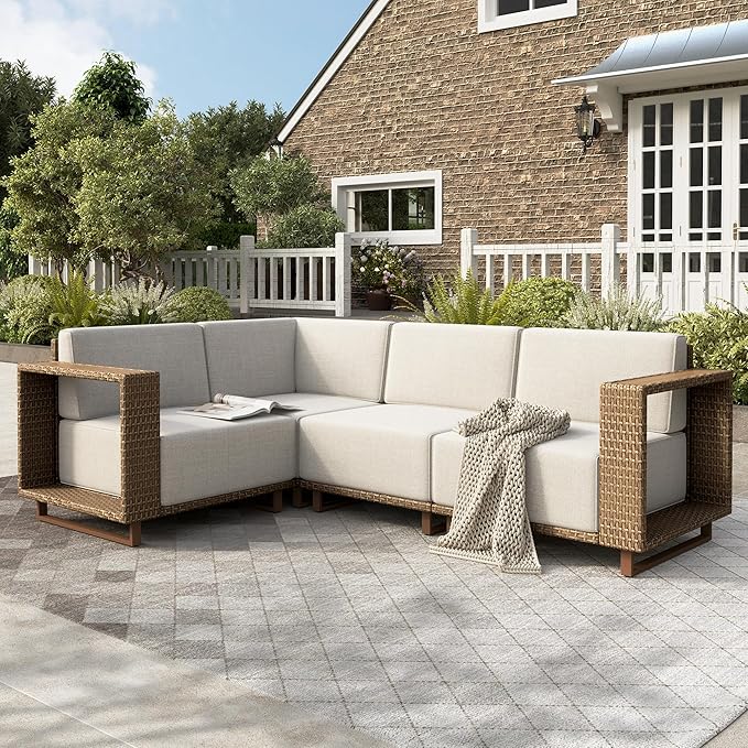 HERA'S HOUSE Patio Furniture Set, 4 Pieces Sectional Outdoor Rattan Wicker Sofa, All Weather Patio Conversation Set with 10" Ultra Thick Comfy Sponge Cushion,5.3" Widened Armrest,Patio Couch