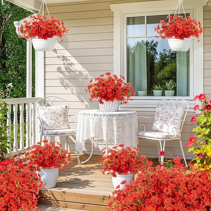 MACTING Artificial Flowers for Outdoors Fake Spring Flowers UV Resistant No Fade Faux Plastic Plants for Hanging Planters Window Patio Porch Yard Garden Home Indoor Outside Summer Decorations(Red)