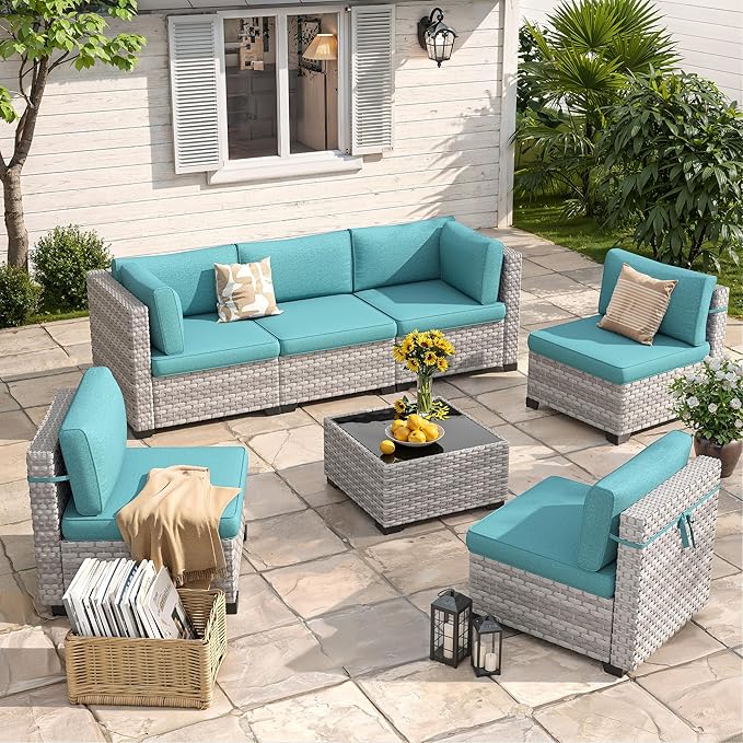 6-Seat Modular Patio Furniture Set – Outdoor Wicker Sectional Sofa with Thick 4″ Cushions, Dual-Strand PE Rattan, Rust-Resistant 18 mm Steel Frame, Backyard Garden Deck Lounge,Blue