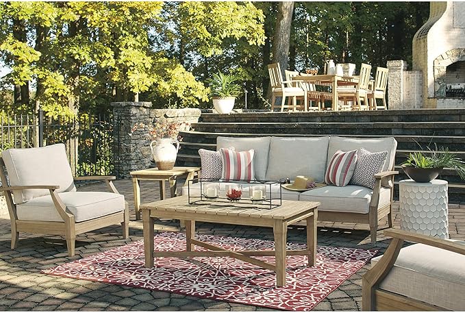 Signature Design by Ashley Clare View Outdoor Patio Sofa, 4 Throw Pillows, Nuvella Weather Resistant Fabric, Eucalyptus Wood, 81" W x 35" D x 32" H, Beige