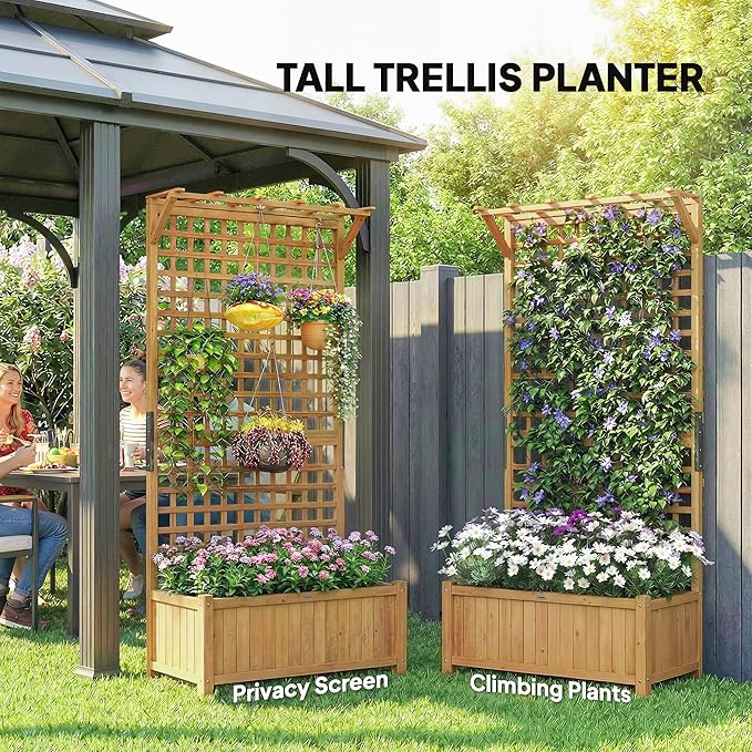Outsunny Wood Planter with Trellis, Raised Garden Bed for Climbing Plants w/Drainage Holes and Roof, 35.5" x 17.75" x 72", Yellow