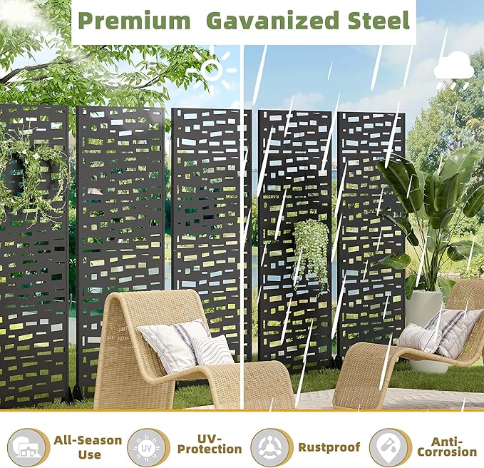 Casaphoria 72" H x 35" W Metal Outdoor Privacy Screen, Freestanding Decorative Divider for Patio, Deck, Balcony, and Garden with Stable Base, Black-Gerald